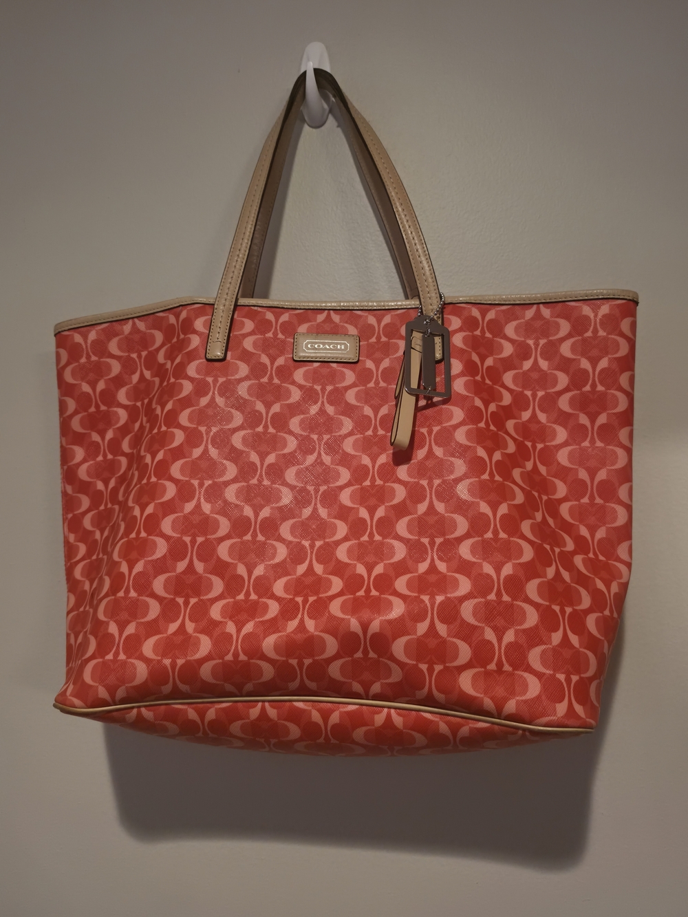 Coach Signature Tote in Coral Pink with Tan Handles